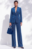 Royal Blue Striped Notched Lapel 2-Piece One Button Work Suits