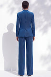 Royal Blue Striped Notched Lapel 2-Piece One Button Work Suits