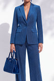 Royal Blue Striped Notched Lapel 2-Piece One Button Work Suits