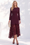 Burgundy Lace A Line Bateau Neck Long Sleeves High-Low Work Dress