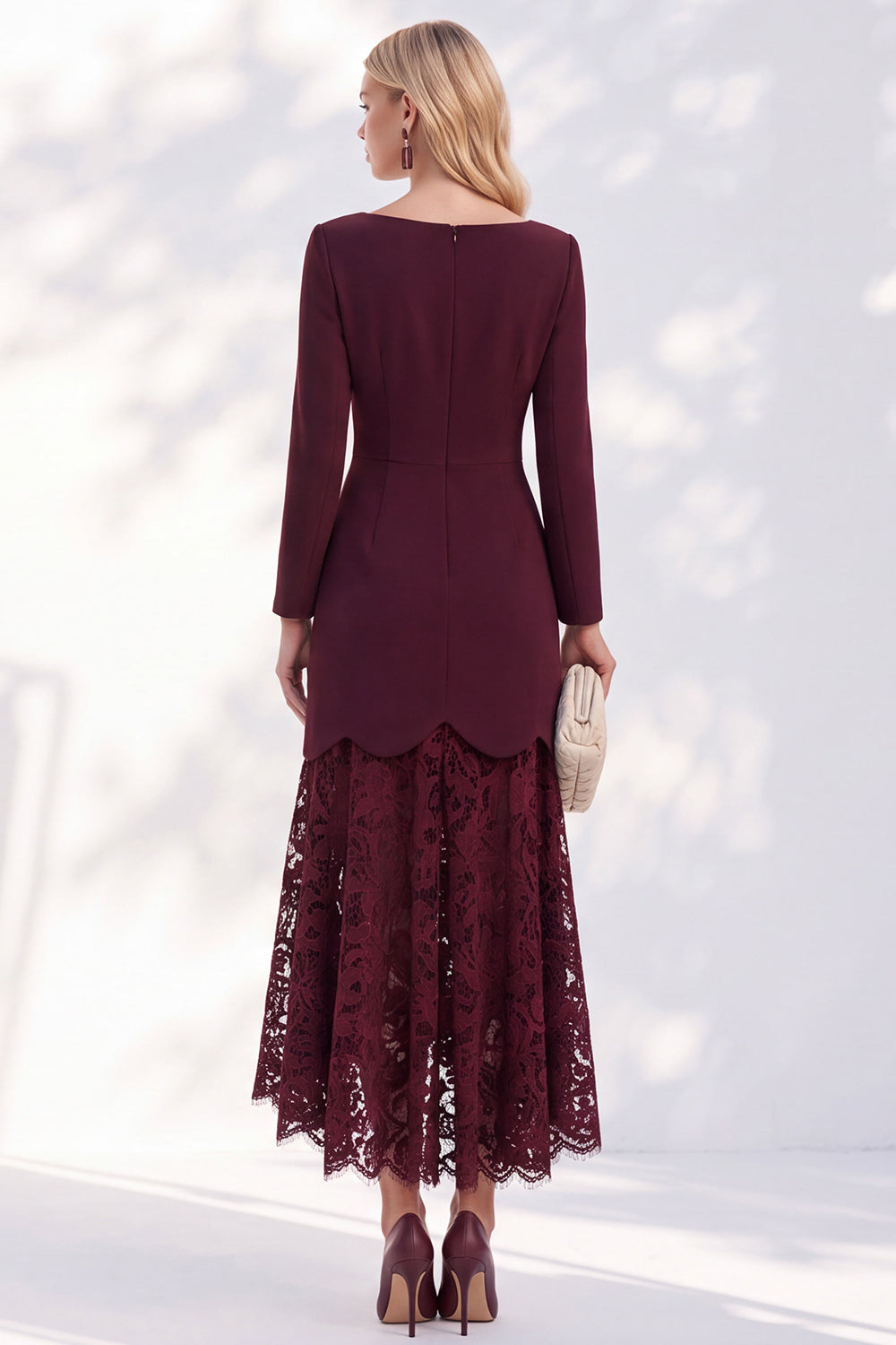 Burgundy Lace A Line Bateau Neck Long Sleeves High-Low Work Dress