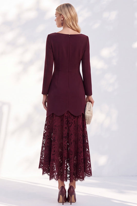 Burgundy Lace A Line Bateau Neck Long Sleeves High-Low Work Dress