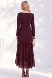 Burgundy Lace A Line Bateau Neck Long Sleeves High-Low Work Dress