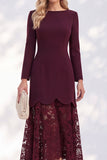 Burgundy Lace A Line Bateau Neck Long Sleeves High-Low Work Dress