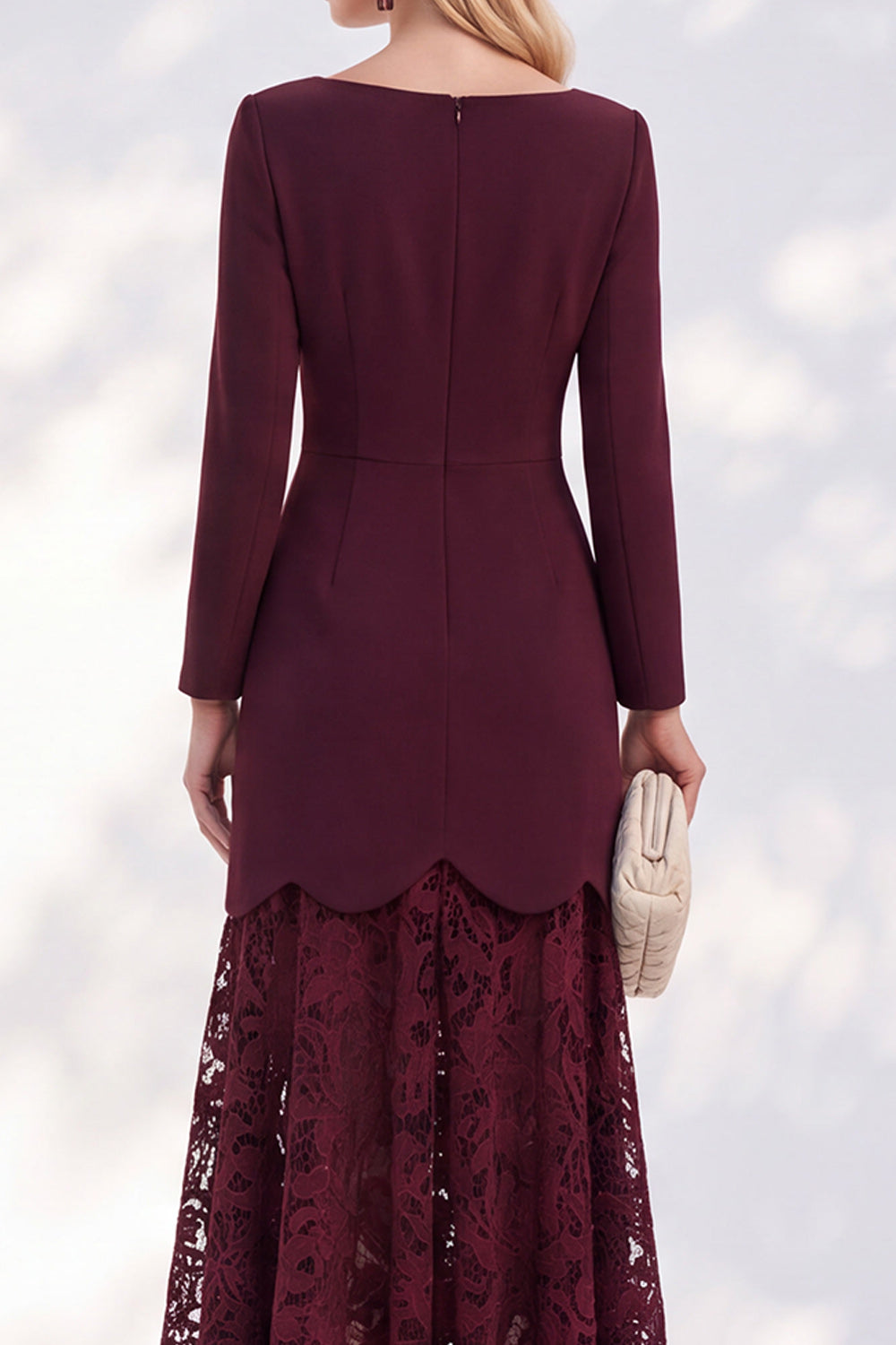 Burgundy Lace A Line Bateau Neck Long Sleeves High-Low Work Dress
