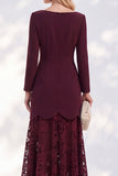 Burgundy Lace A Line Bateau Neck Long Sleeves High-Low Work Dress