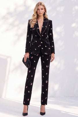 Black Floral Peak Lapel Slim Fit 2-Piece Velvet Work Suits
