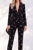 Black Floral Peak Lapel Slim Fit 2-Piece Velvet Work Suits