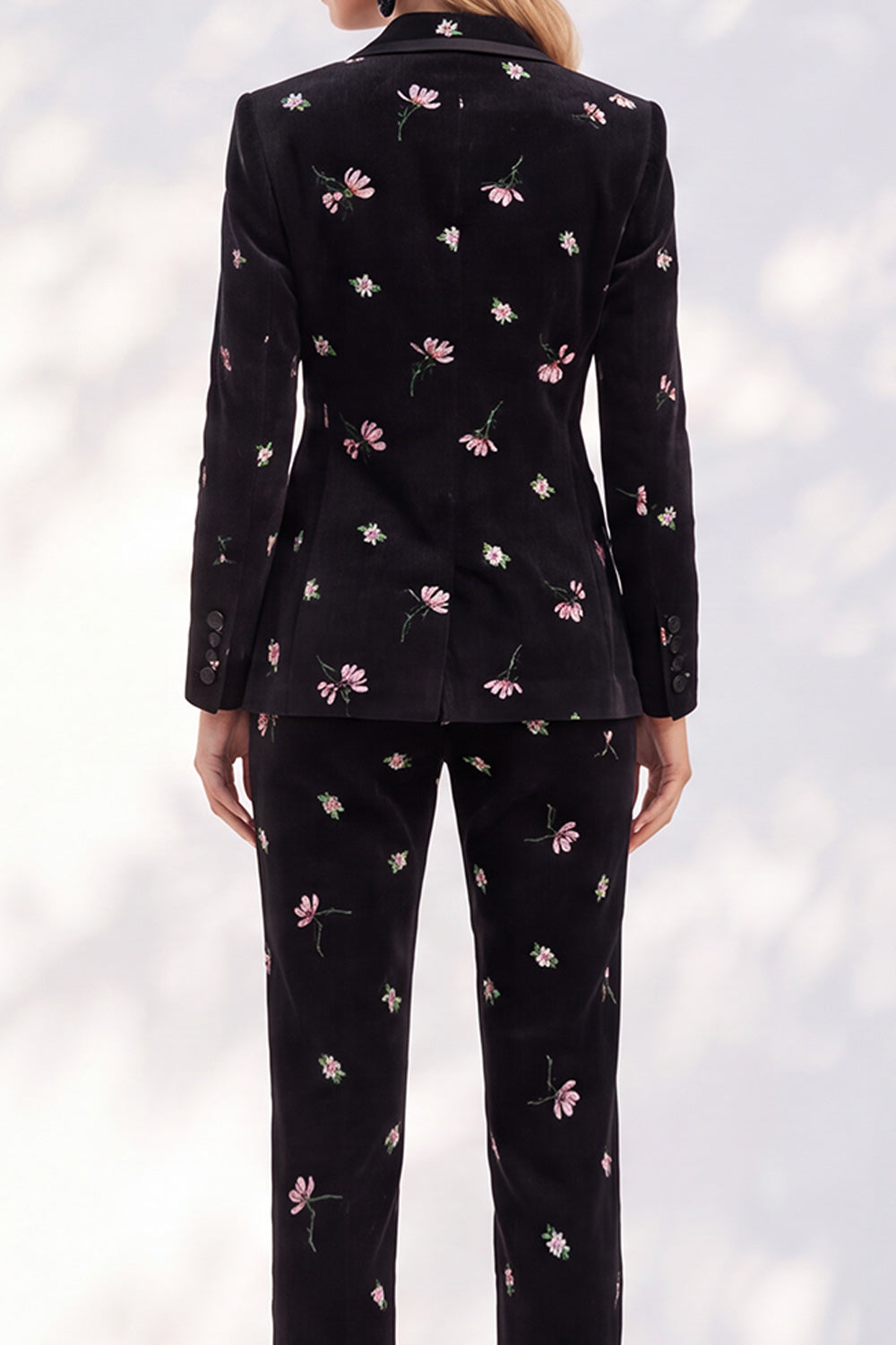 Black Floral Peak Lapel Slim Fit 2-Piece Velvet Work Suits