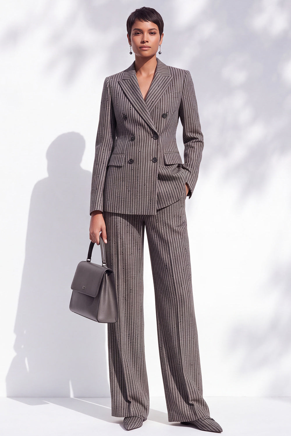Brown Striped Peak Lapel Double Breasted 2-Piece Work Suits with Pocket