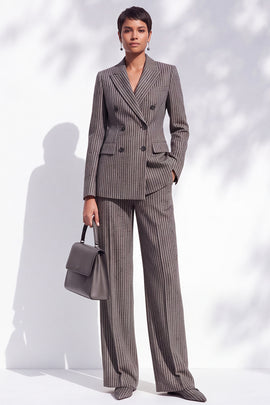 Brown Striped Peak Lapel Double Breasted 2-Piece Work Suits with Pocket