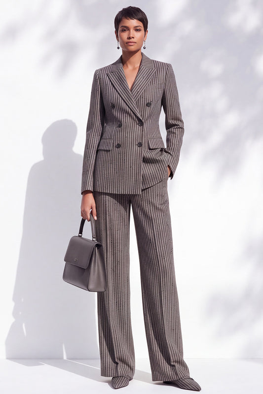 Brown Striped Peak Lapel Double Breasted 2-Piece Work Suits with Pocket