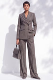 Brown Striped Peak Lapel Double Breasted 2-Piece Work Suits with Pocket