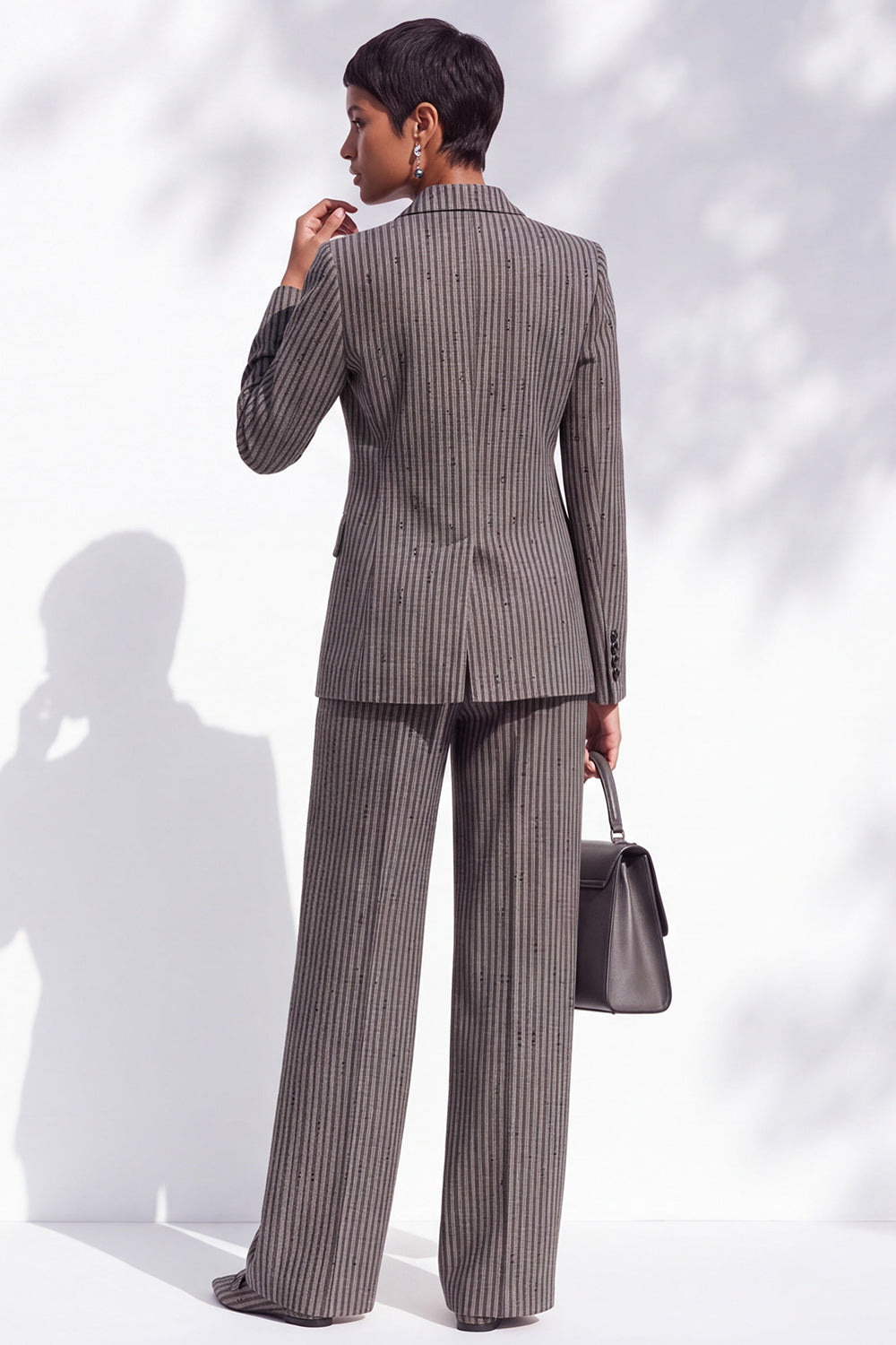 Brown Striped Peak Lapel Double Breasted 2-Piece Work Suits with Pocket