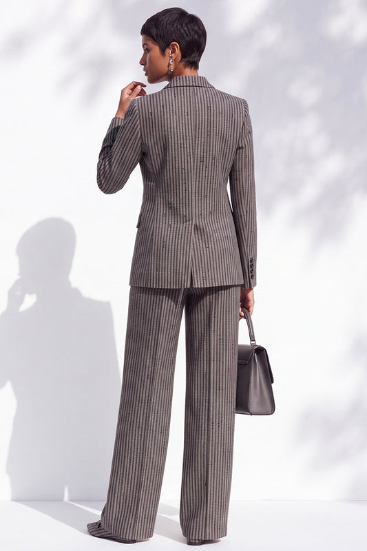 Brown Striped Peak Lapel Double Breasted 2-Piece Work Suits with Pocket