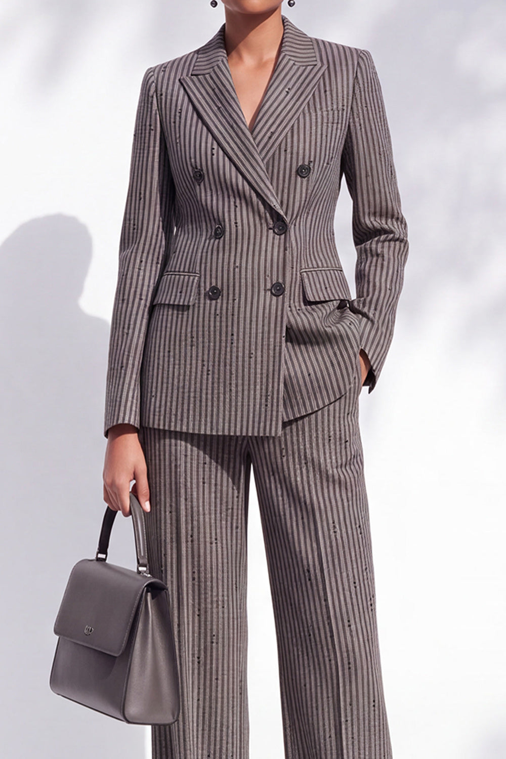 Brown Striped Peak Lapel Double Breasted 2-Piece Work Suits with Pocket