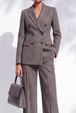 Brown Striped Peak Lapel Double Breasted 2-Piece Work Suits with Pocket