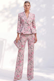 Pink Floral Peak Lapel 2-Piece Slim Fit Peplum Ruffled Prom Suits