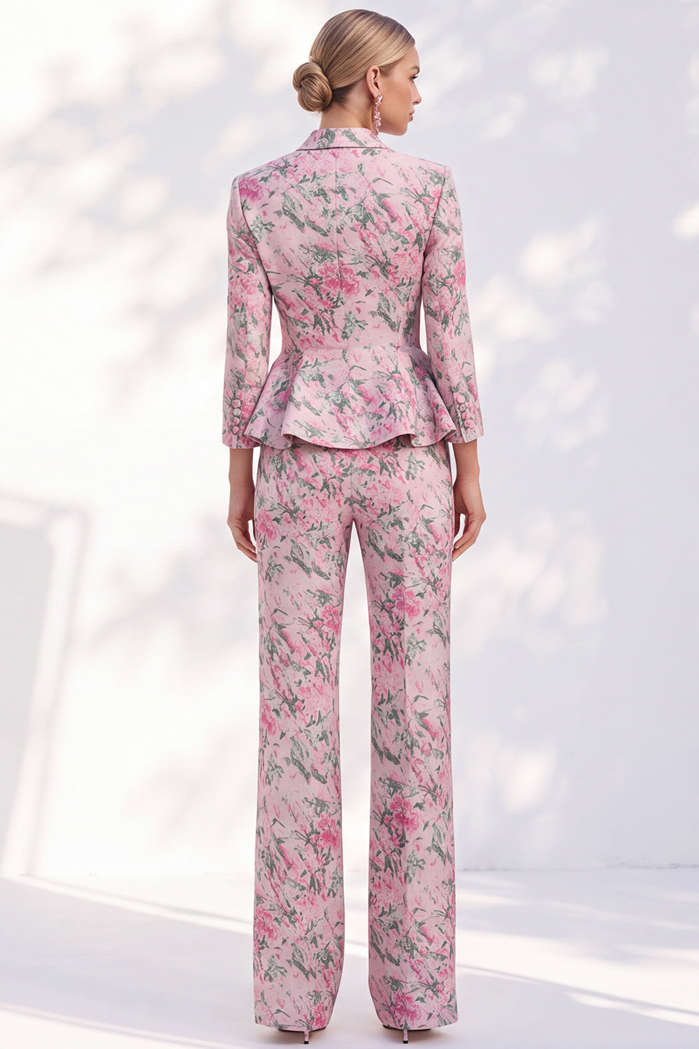 Pink Floral Peak Lapel 2-Piece Slim Fit Peplum Ruffled Prom Suits