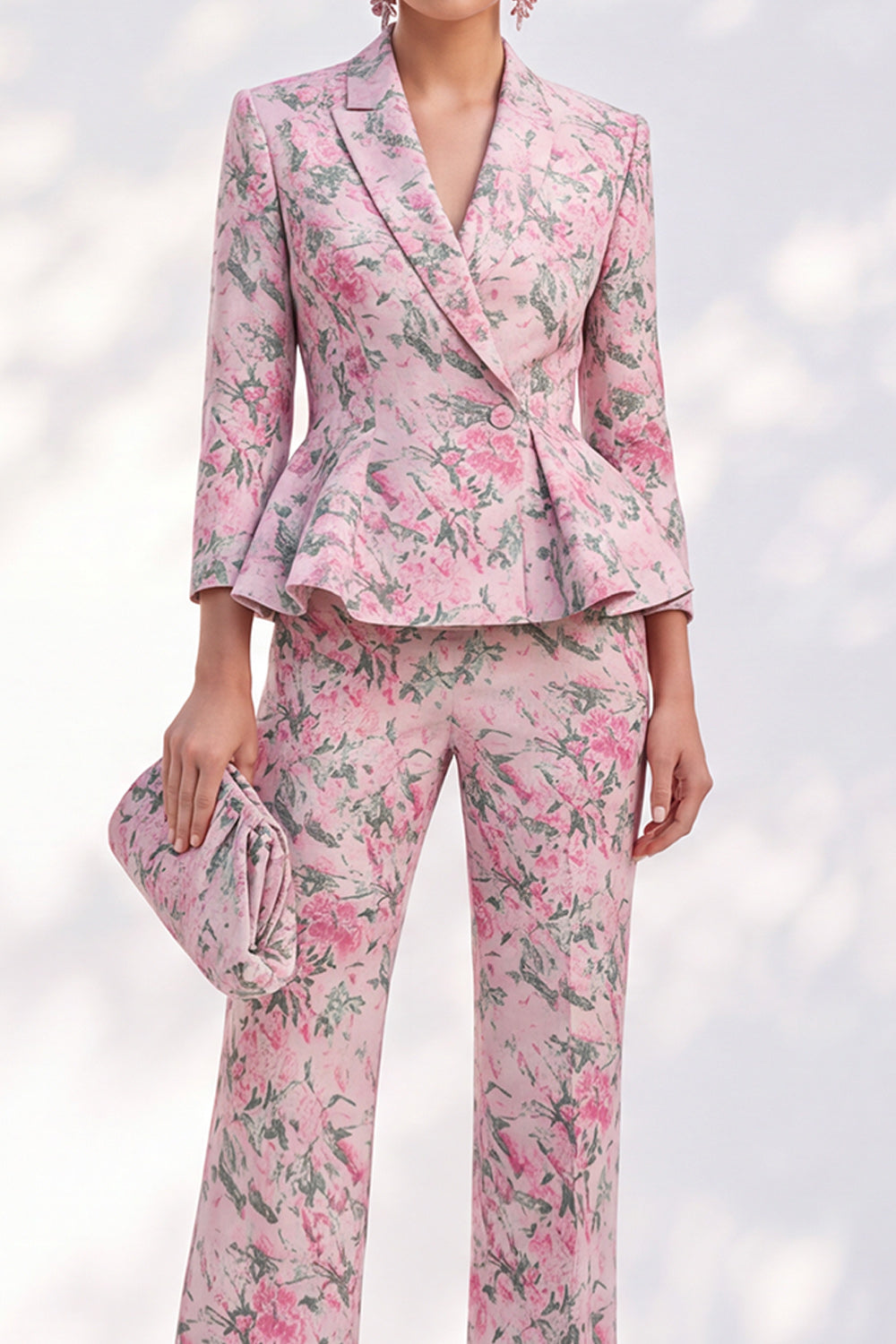 Pink Floral Peak Lapel 2-Piece Slim Fit Peplum Ruffled Prom Suits