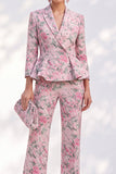 Pink Floral Peak Lapel 2-Piece Slim Fit Peplum Ruffled Prom Suits