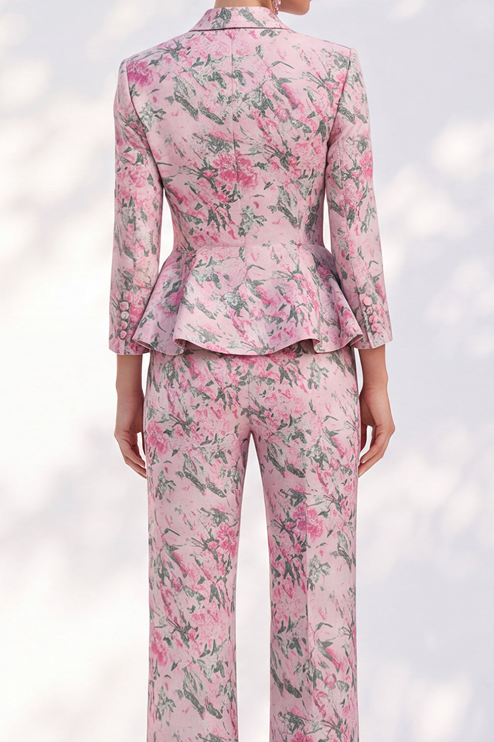 Pink Floral Peak Lapel 2-Piece Slim Fit Peplum Ruffled Prom Suits