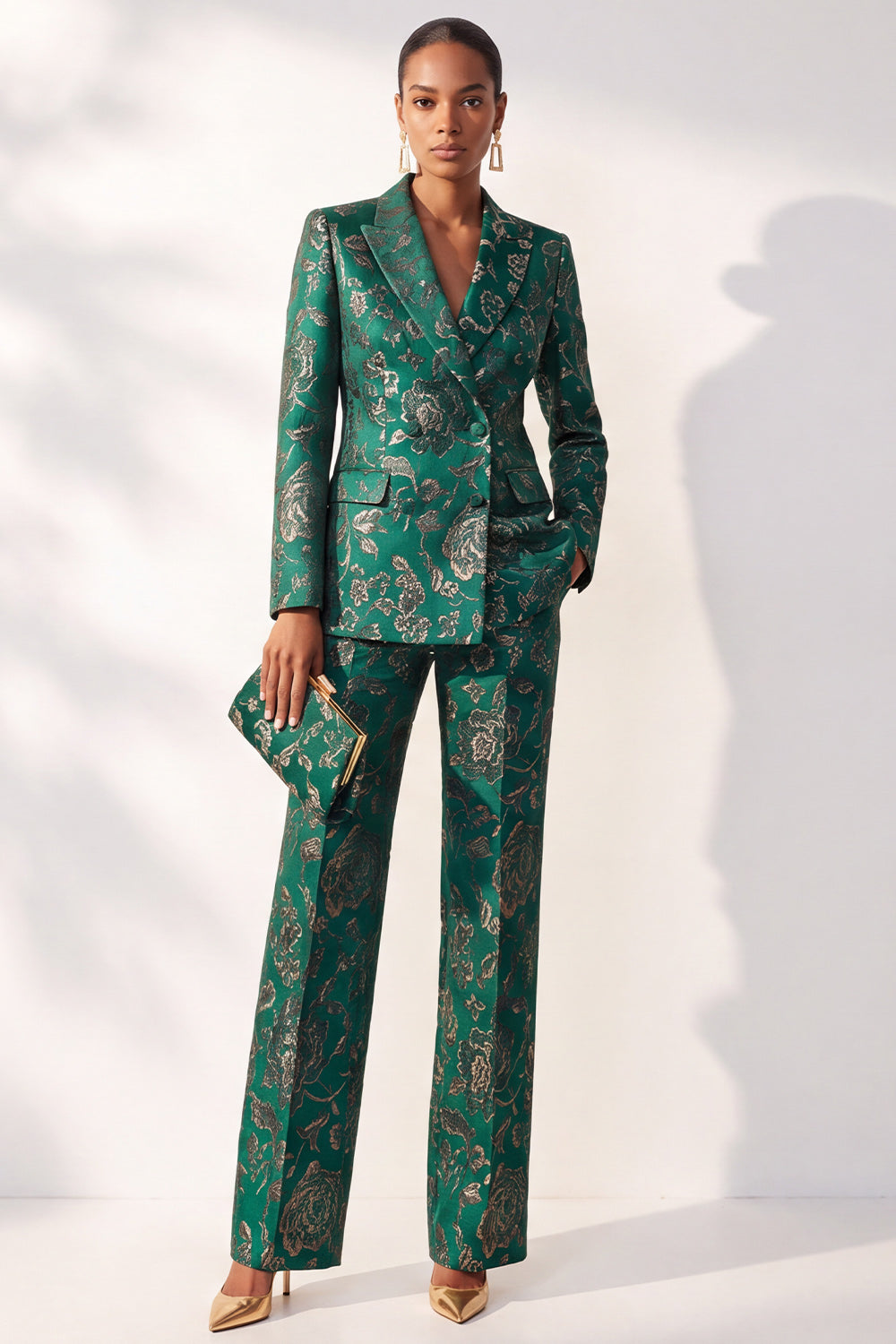 Dark Green Floral Jacquard Peak Lapel 2-Piece Prom Suits with Pocket