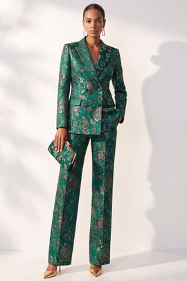 Dark Green Floral Jacquard Peak Lapel 2-Piece Prom Suits with Pocket