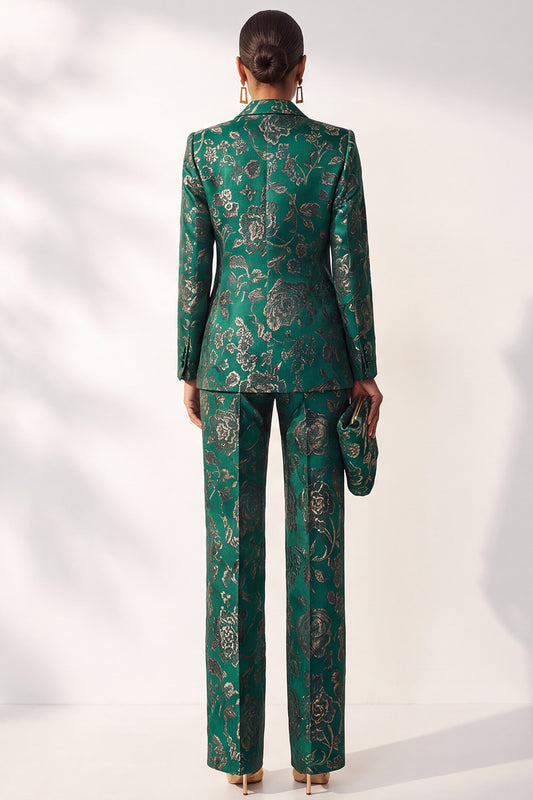 Dark Green Floral Jacquard Peak Lapel 2-Piece Prom Suits with Pocket
