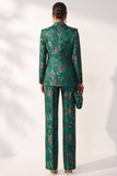 Dark Green Floral Jacquard Peak Lapel 2-Piece Prom Suits with Pocket