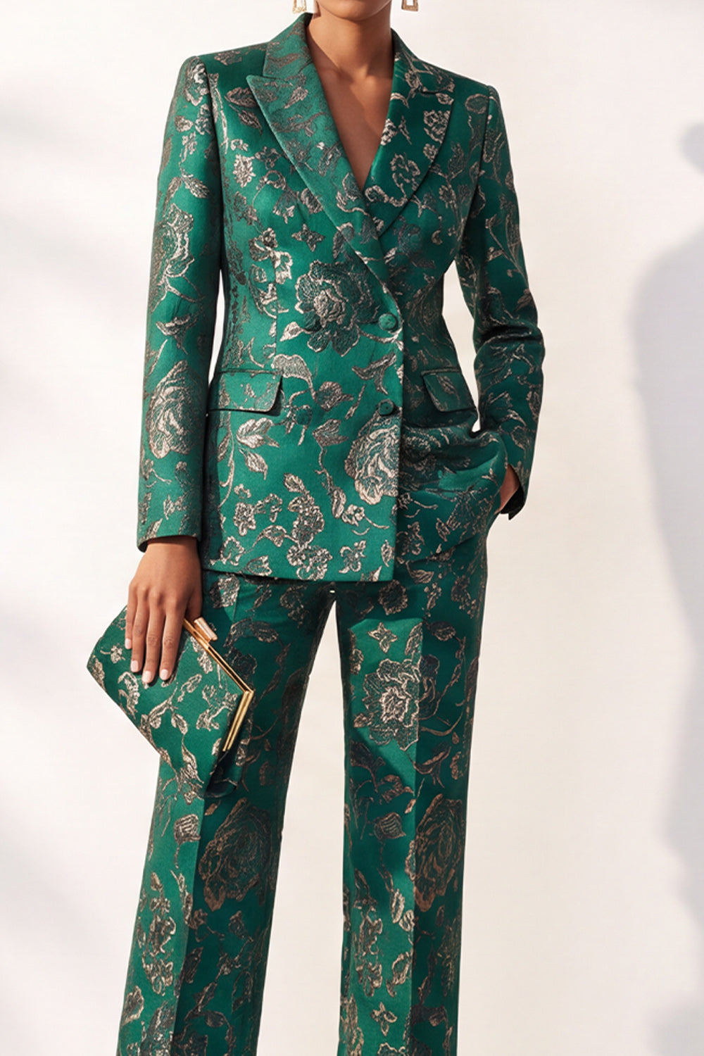 Dark Green Floral Jacquard Peak Lapel 2-Piece Prom Suits with Pocket