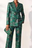 Dark Green Floral Jacquard Peak Lapel 2-Piece Prom Suits with Pocket