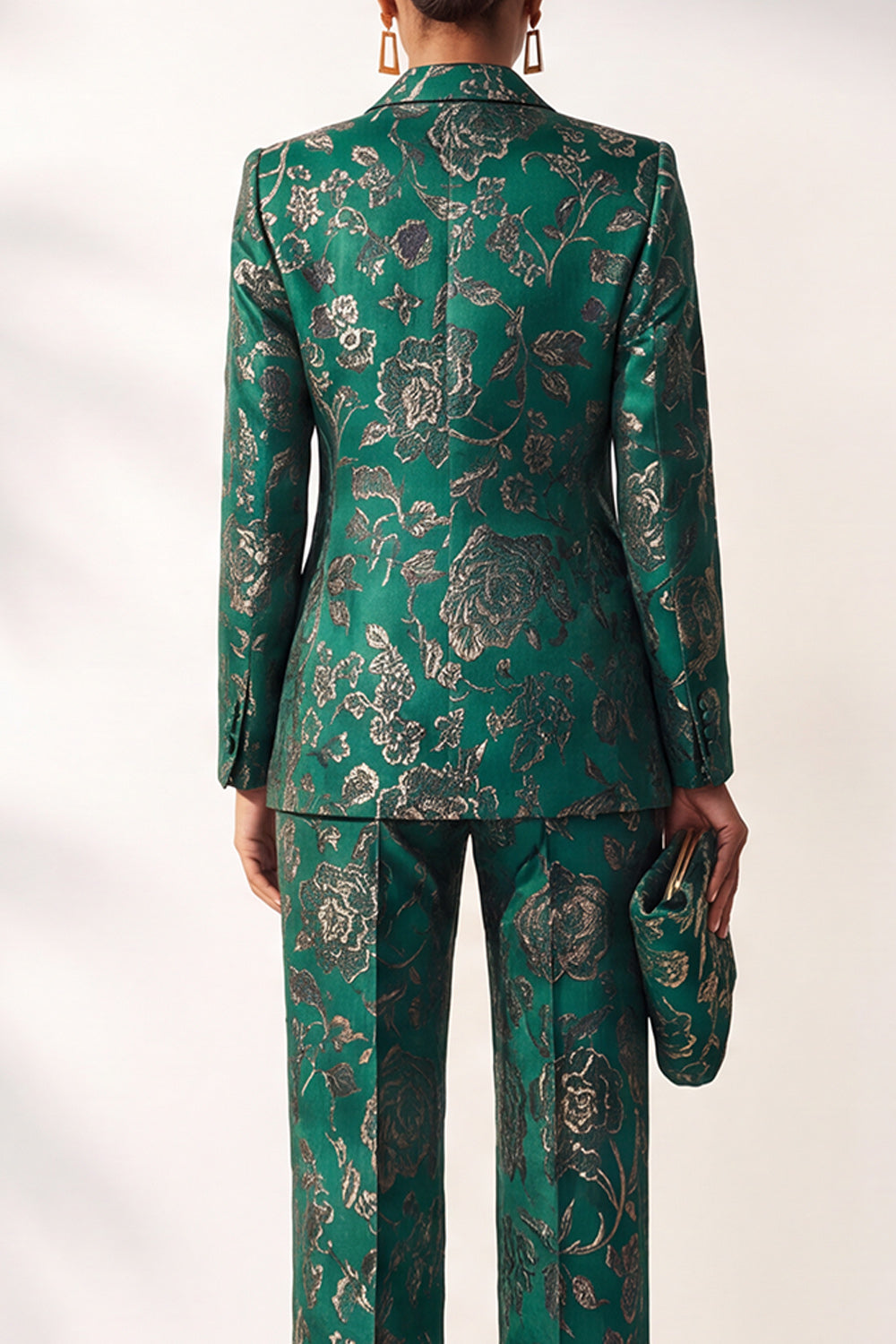 Dark Green Floral Jacquard Peak Lapel 2-Piece Prom Suits with Pocket