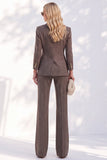 Brown Striped Peak Lapel 2-Piece Slim Fit Double Breasted Work Suits with Pocket