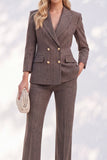 Brown Striped Peak Lapel 2-Piece Slim Fit Double Breasted Work Suits with Pocket
