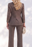 Brown Striped Peak Lapel 2-Piece Slim Fit Double Breasted Work Suits with Pocket