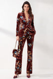 Rust Velvet Floral 2-Piece Peak Lapel Prom Suits with Pocket