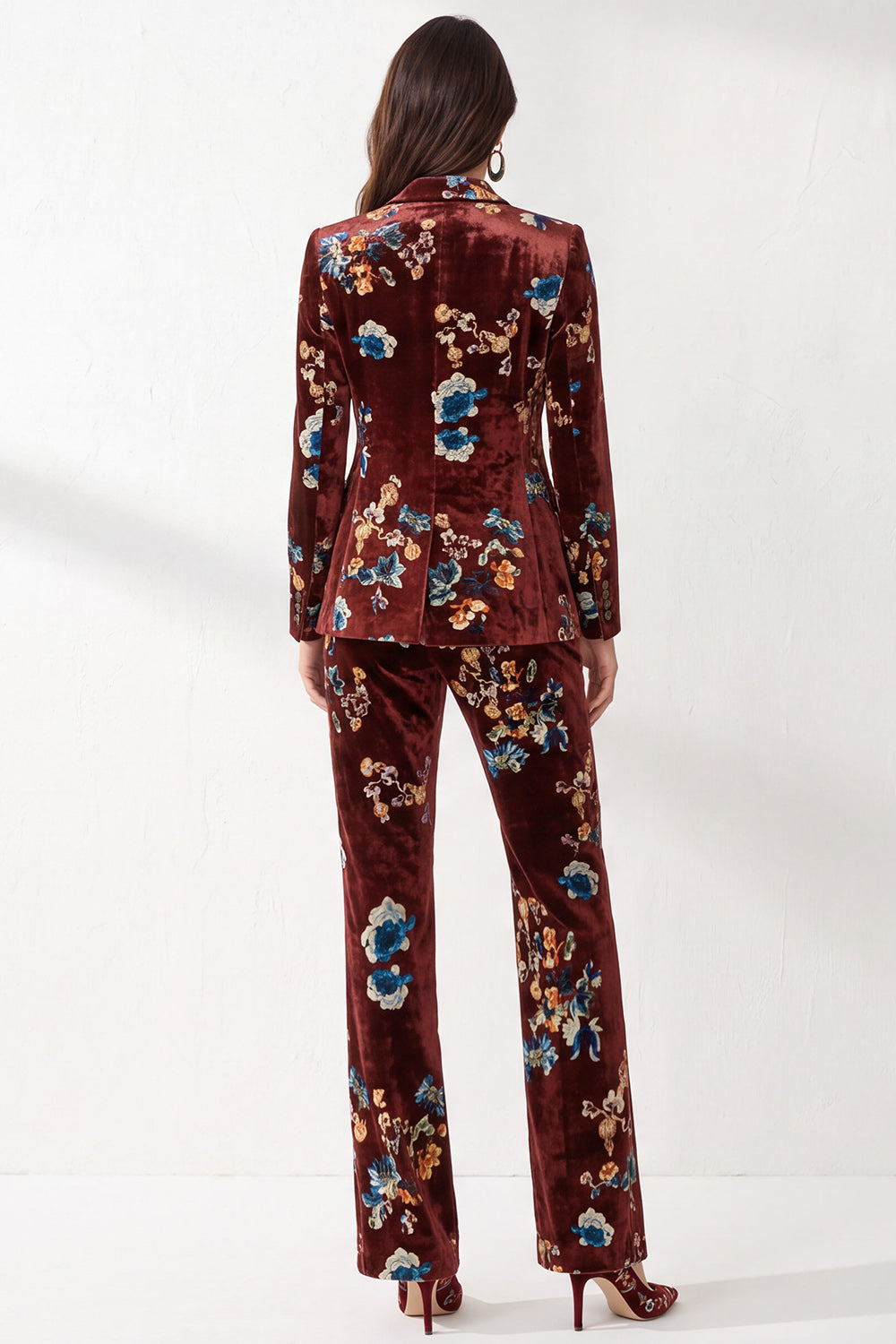 Rust Velvet Floral 2-Piece Peak Lapel Prom Suits with Pocket