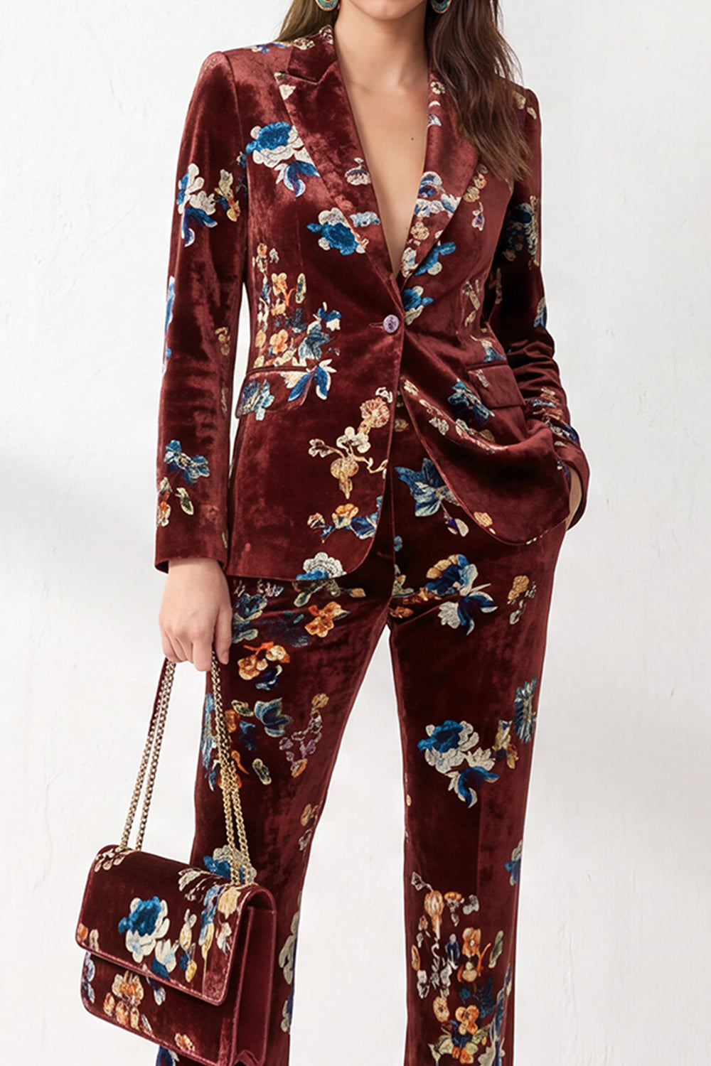 Rust Velvet Floral 2-Piece Peak Lapel Prom Suits with Pocket