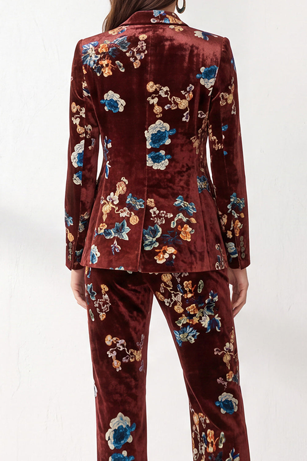 Rust Velvet Floral 2-Piece Peak Lapel Prom Suits with Pocket