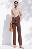 Coffee and Khaki Patchwork Notched Lapel Slim Fit 2-Piece Work Suits with Pocket