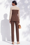 Coffee and Khaki Patchwork Notched Lapel Slim Fit 2-Piece Work Suits with Pocket