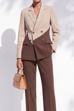 Coffee and Khaki Patchwork Notched Lapel Slim Fit 2-Piece Work Suits with Pocket
