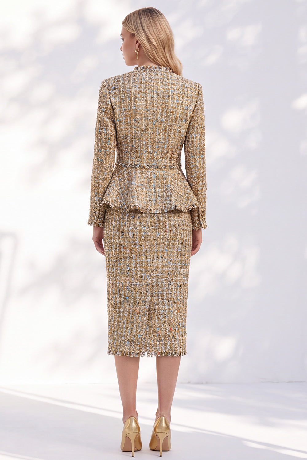 Golden Tweed V-Neck Long Sleeves Bodycon 2-Piece Midi Work Suits