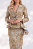 Golden Tweed V-Neck Long Sleeves Bodycon 2-Piece Midi Work Suits