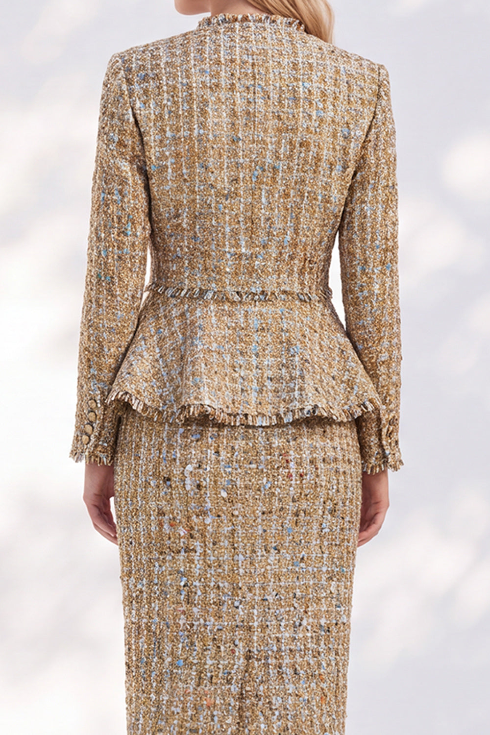 Golden Tweed V-Neck Long Sleeves Bodycon 2-Piece Midi Work Suits
