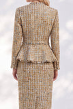 Golden Tweed V-Neck Long Sleeves Bodycon 2-Piece Midi Work Suits