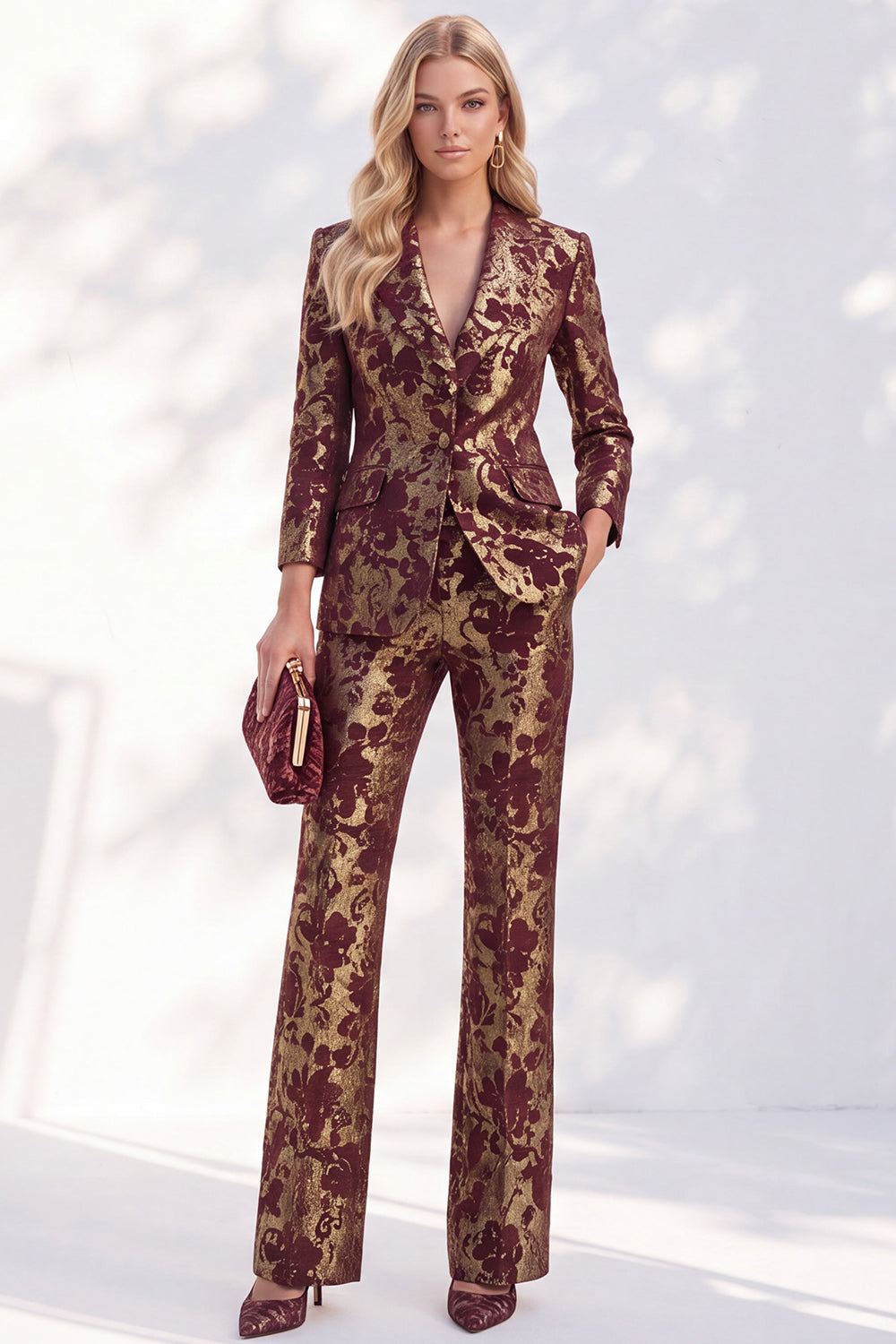 Rust Jacquard Floral Peak Lapel Slim Fit 2-Piece Prom Suits with Pocket