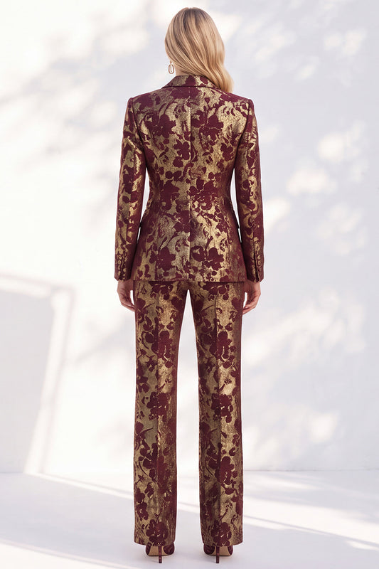 Rust Jacquard Floral Peak Lapel Slim Fit 2-Piece Prom Suits with Pocket