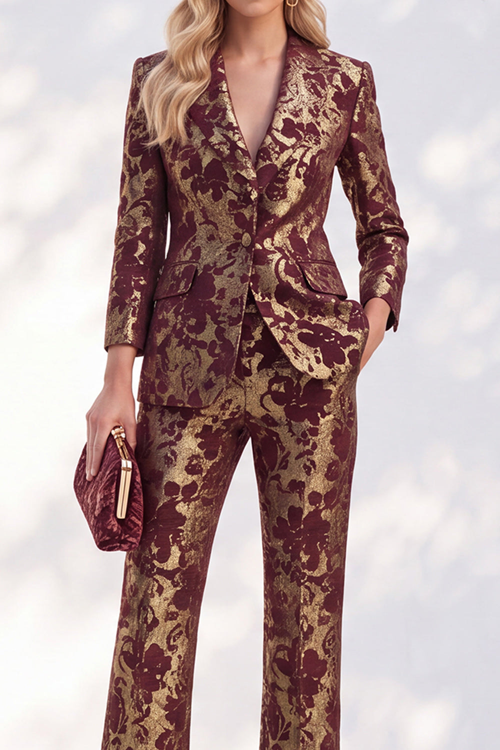 Rust Jacquard Floral Peak Lapel Slim Fit 2-Piece Prom Suits with Pocket